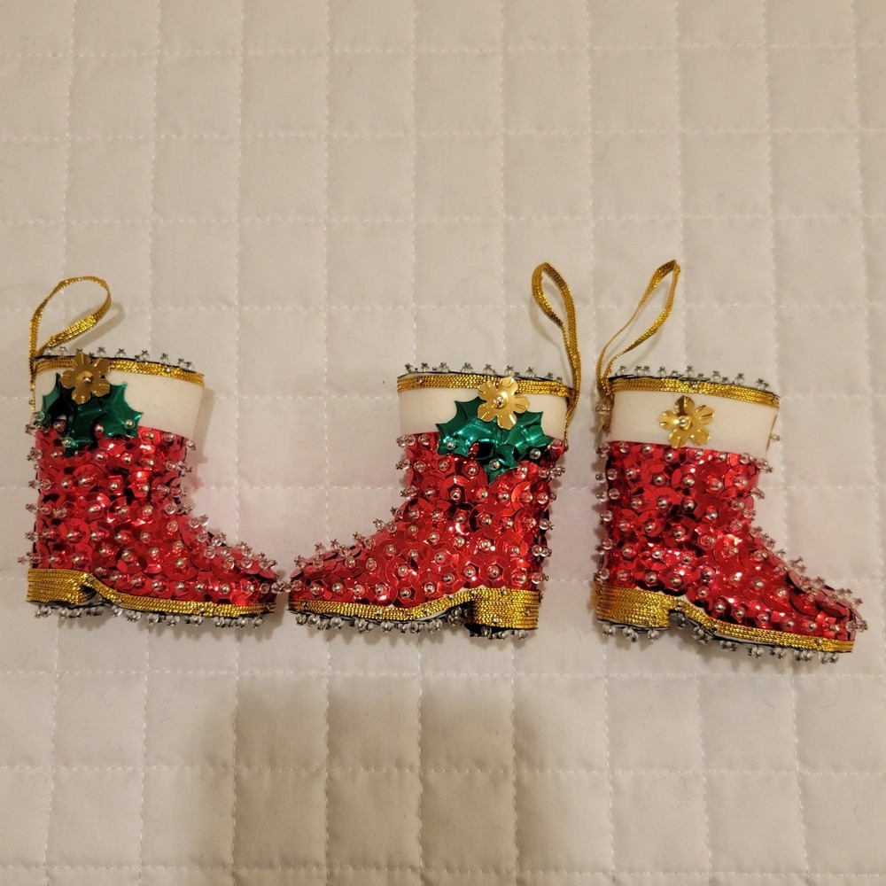VTG Handmade Sequin Beaded Holly Santa Boot Christmas Tree Ornament Holiday Cute